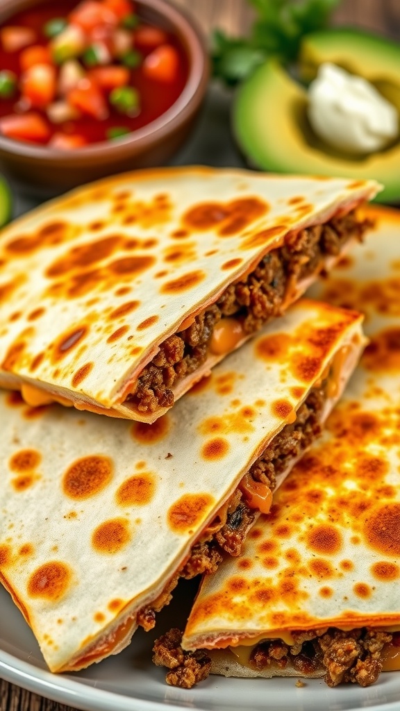 Cheesy Ground Beef Quesadilla Recipe Cheesy ground beef quesadilla cut into wedges, served with salsa, guacamole, and sour cream.